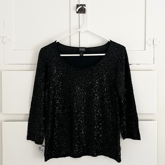 Eileen Fisher Sequin Box Top Silk Cotton Blouse in Black Size Small - Picture 3 of 7